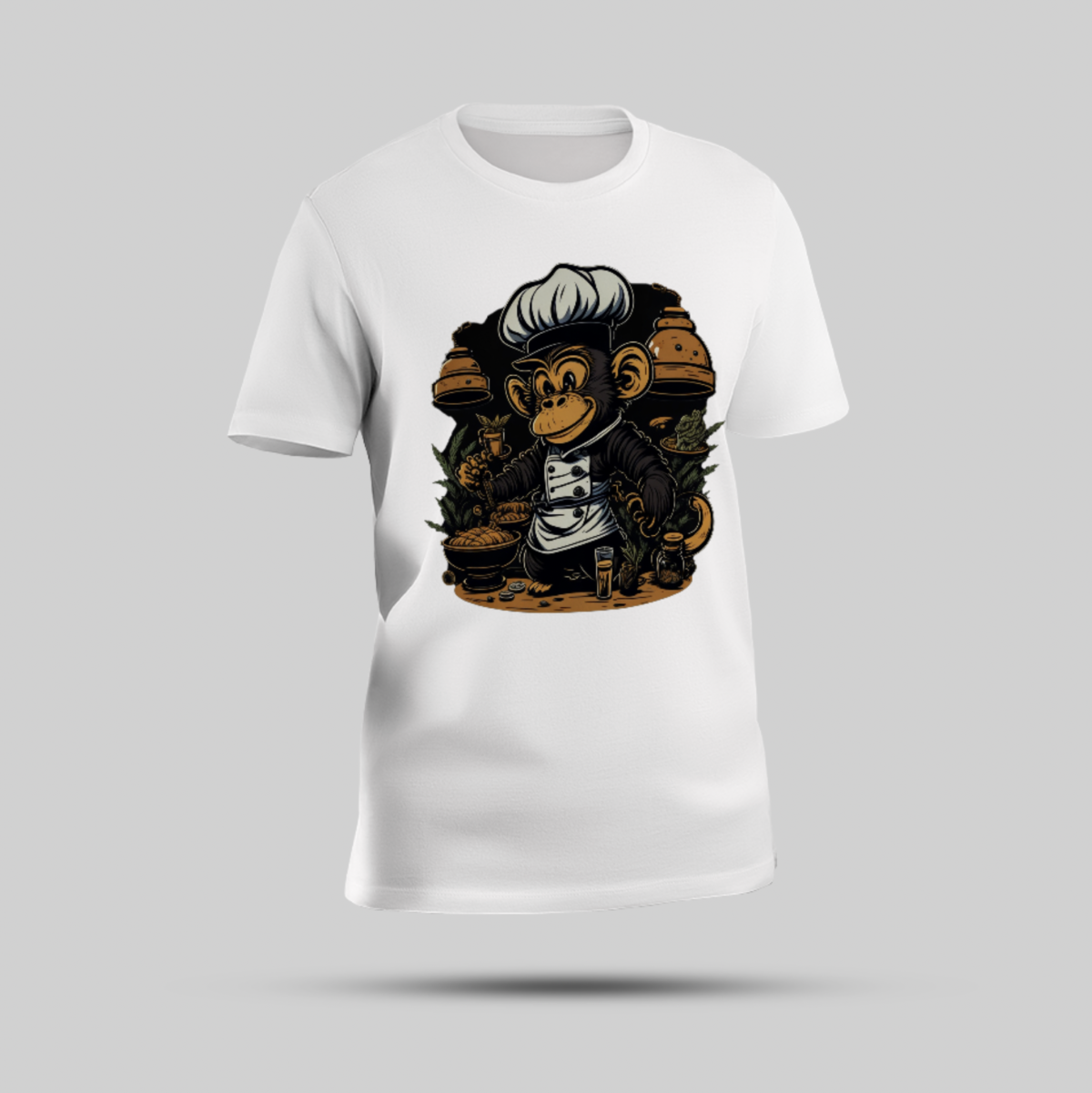 Brown Monkey Chef Graphic White Round Neck T-Shirt - Image 1