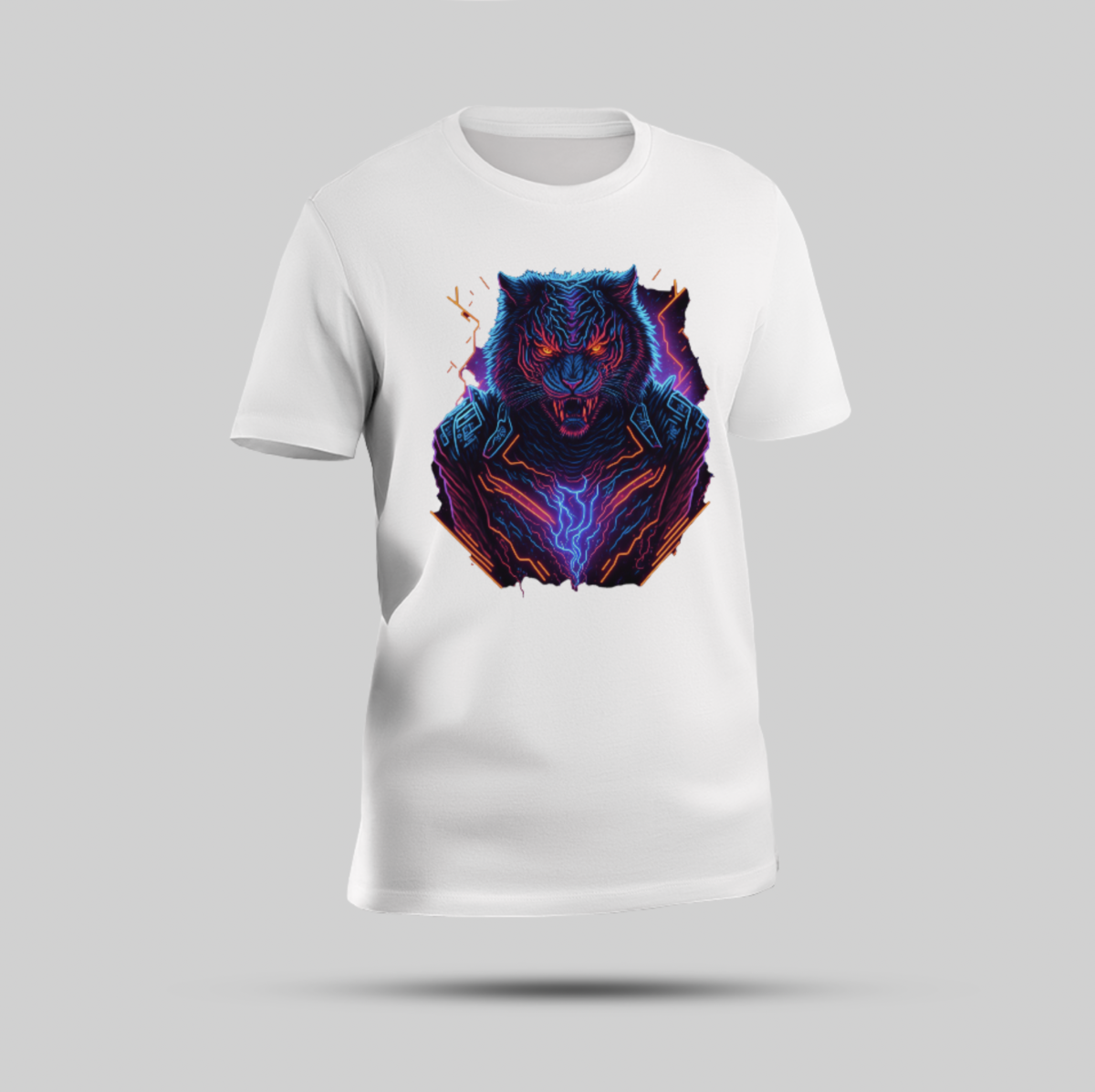 Bold Blue Cybernetic Tiger Head Graphic Tee - White - Image 1
