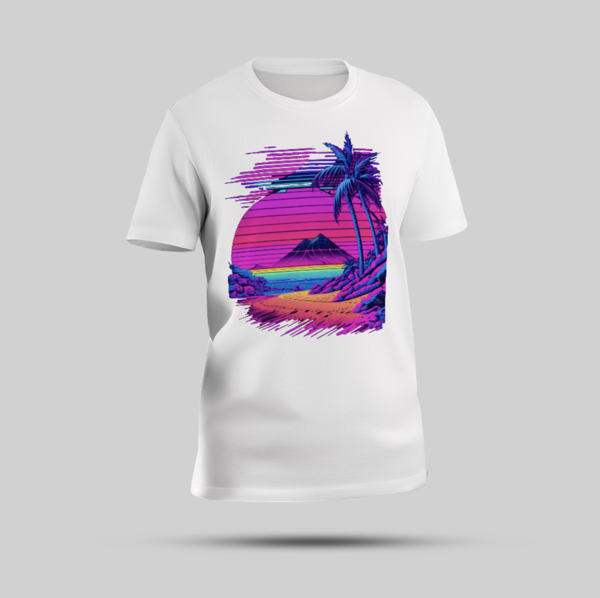 Multicolor Mountain Beach and Sea Print White Round Neck T-Shirt - Image 1