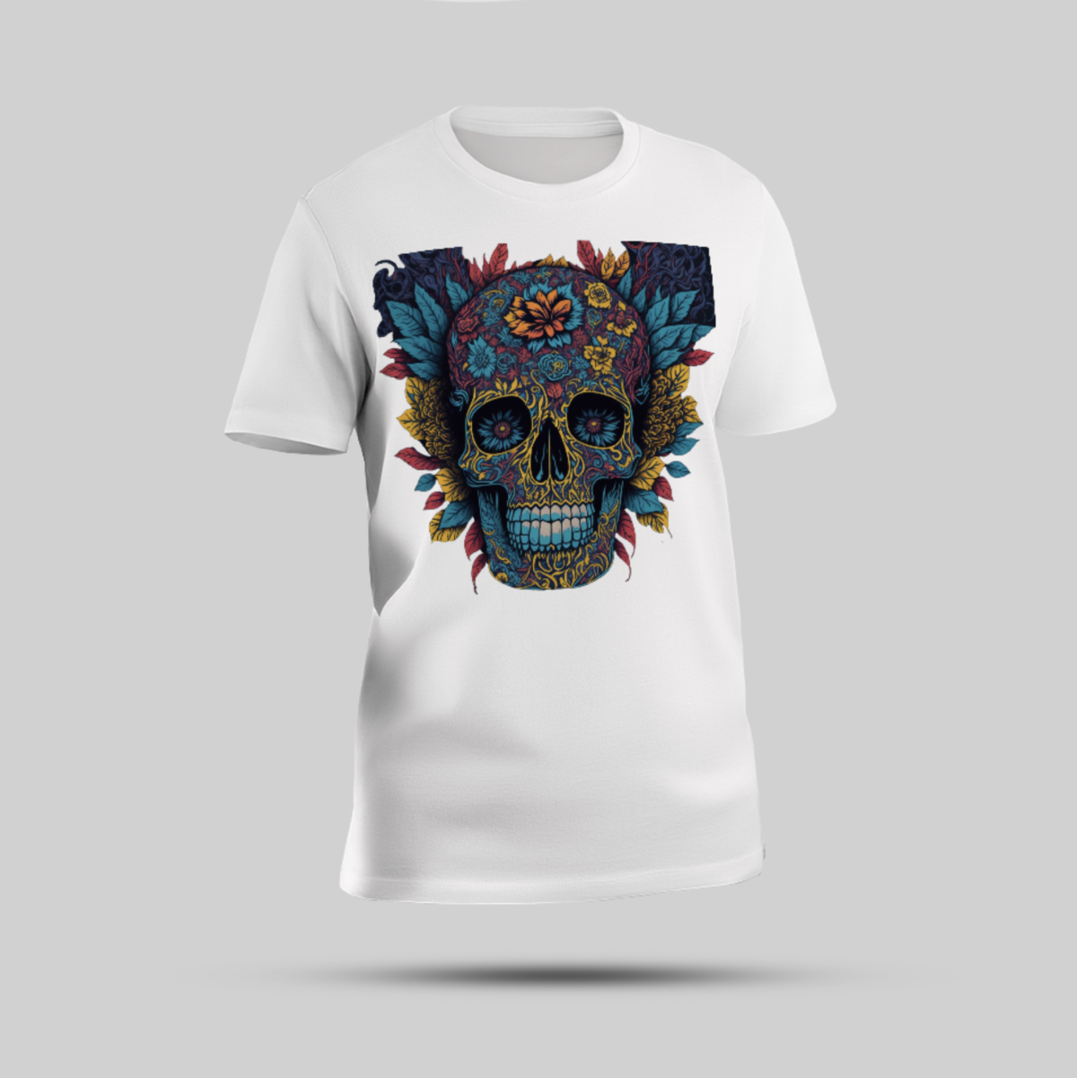 Bold Skull Tattooed with Flower White Round Neck T-shirt - Image 1