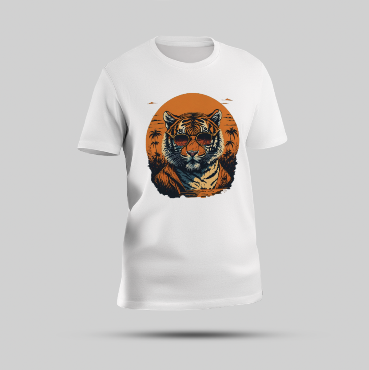 Bold Tiger Sunglass Print White Round Neck T-Shirt $18 $ 19 - Image 1
