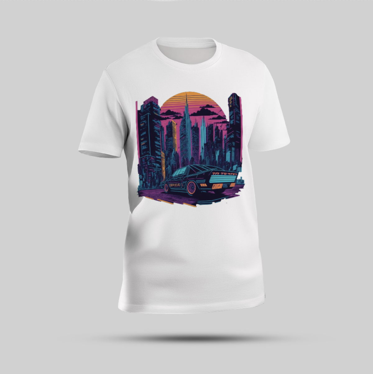 White Round Neck T-shirt with Bold Car & City Graphic - Image 1