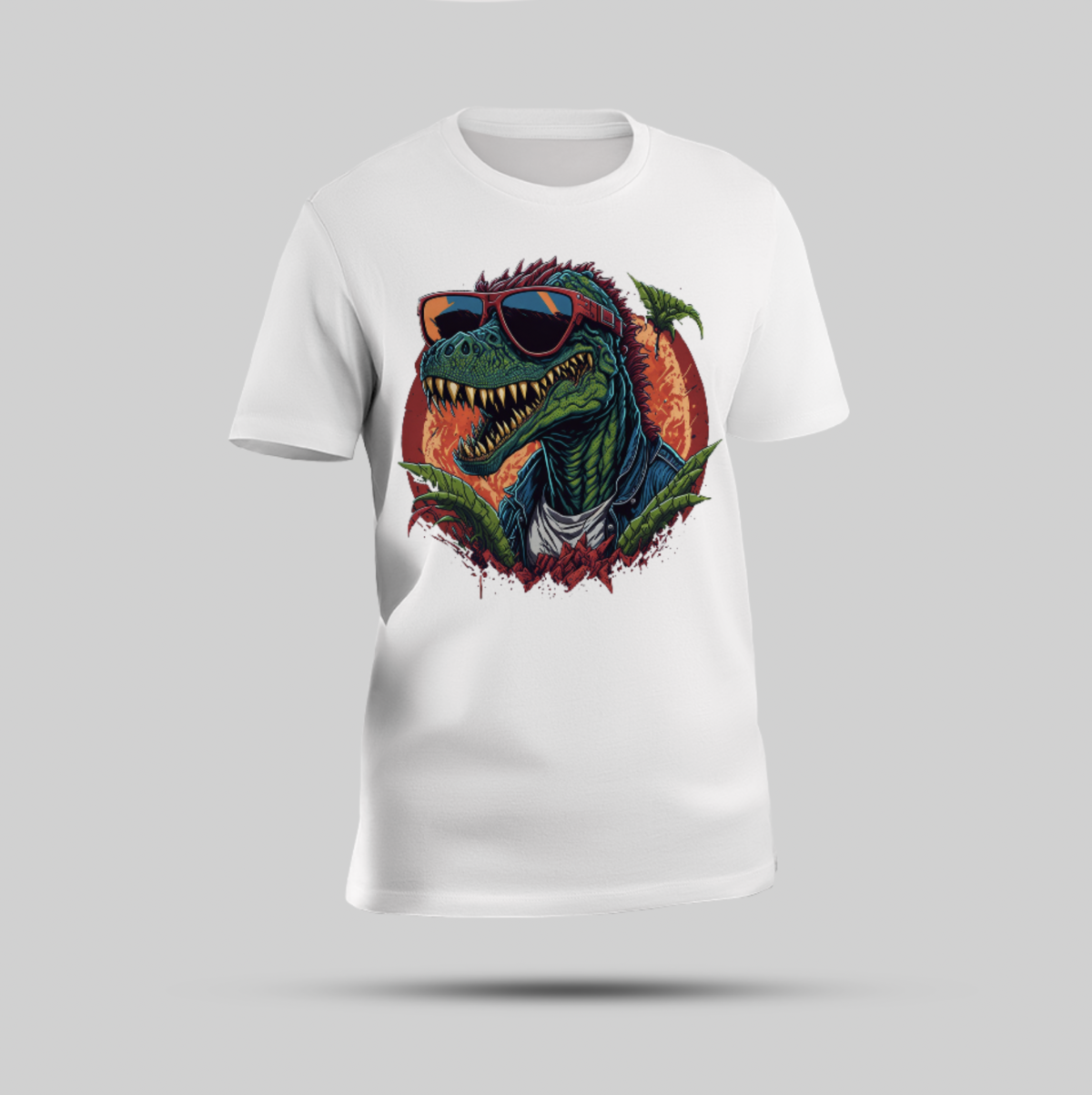 Bold Dinosaur in Jeans Jacket & Sunglasses Graphic T-shirt - Image 1